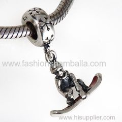 European Sterling Silver Dangle Snowboarder with Red Enamel Charm Beads