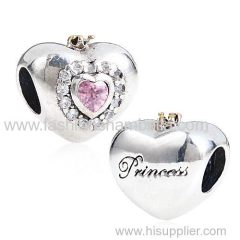 Gold Plated Sterling Silver Princess Heart Charm with Pink CZ Stone