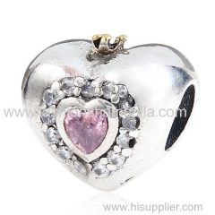 Gold Plated Sterling Silver Princess Heart Charm with Pink CZ Stone