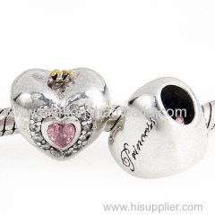 Gold Plated Sterling Silver Princess Heart Charm with Pink CZ Stone