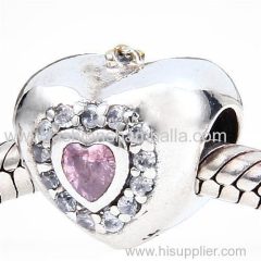 Gold Plated Sterling Silver Princess Heart Charm with Pink CZ Stone