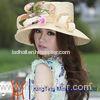 Yellow Stripe Womens Straw Hat With Pink Flowers Fascinator , customized