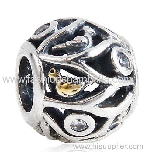 Gold Plated Sterling Silver Birds of a Feather Charm Beads with Clear CZ Stone Wholesale