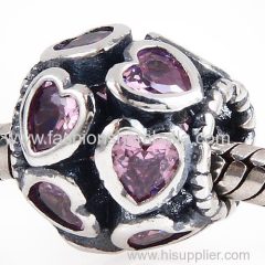 European Style Sterling Silver Love All Around Beads with Pink CZ Stone