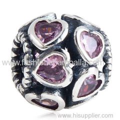 European Style Sterling Silver Love All Around Beads with Pink CZ Stone