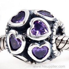 European Style Sterling Silver Love All Around Beads with Purple CZ Stone