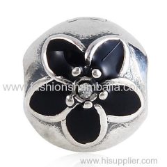 Fashion Sterling Silver Mystic Floral with Clear Crystal Black Enamel Clip Beads