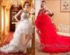 White / Red High Low Tulle Chapel Train Womens Wedding Dresses with Handmade Flower