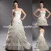 Chic A Line Pleated Satin Strapless Wedding Gowns with Beaded Flower Applique