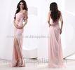 Pink A Line Chiffon Strapless Bridesmaid Wedding Dresses with Split Front / Flower Ruffles