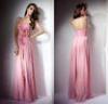 Pink Chiffon Split Front Sweetheart Neckline Prom Dresses with Flower Draped