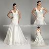 Mermaid Satin V Neck Womens Wedding Dresses Draped Pleats with Beaded Flower Applique