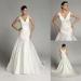 Mermaid Satin V Neck Womens Wedding Dresses Draped Pleats with Beaded Flower Applique