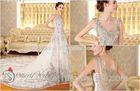 A Line Tulle V Neck Sheer Back Womens Wedding Dresses with Cathedral Train