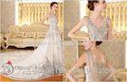 A Line Tulle V Neck Sheer Back Womens Wedding Dresses with Cathedral Train