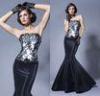 Black Mermaid Strapless Satin Womens Evening Dresses with Lace Flower Applique