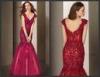Red Tulle V neck Celebrity Prom Dresses , Rhinestone Flower Lace Evening Dress