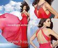 Luxurious Red Chiffon Halter Neck Prom Dresses / Open Back Ladies Long Dresses