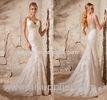 White Mermaid Lace Deep V Neck Wedding Dresses with Open Back , Covered Button