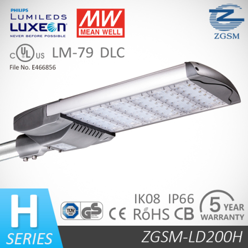 200W IP66 UL DLC CE RoHS CB GS Listed LED Street Light with Light sensor