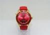 Modern Golden Unisex Leather Strap Watches round alloy case red bezel and strap