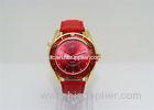 Modern Golden Unisex Leather Strap Watches round alloy case red bezel and strap