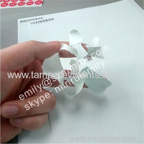 Custom ultra destructible vinyl label material Self adhesive ultra destructible label paper Eggshell sticker label pap