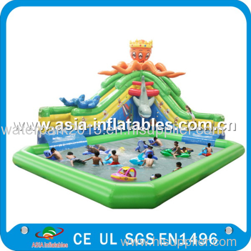 Giant Inflatable Water park with White Shark Water Slide and float toys