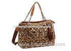 Quilted Beaded Nylon Bag With Leather Handles Women Satchels