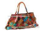 Multi Color Womens Patchwork Leather Large Shoulder Bag Beaded Shoulder Strap