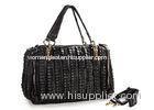 Black Genuine Patchwork Design Sheep Leather Handbag Polished Gold Hardware