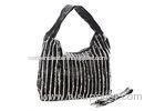 Black White Striped Hobo Bag Leather Patchwork Bag with White Fringes