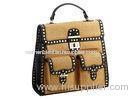 Customized Beige Studded Leather Backpack with Two Flap Pocket