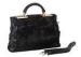 Handmade Rolled Handles Black Fur Handbags with Signature Metal Hardware Detail