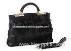 Handmade Rolled Handles Black Fur Handbags with Signature Metal Hardware Detail