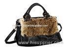 Rabbit Fur Flap Womens Leather Tote Bags Black with Rolled Handles