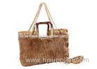 Brown Khaki Genuine Rabbit Fur Handbags with PU leather for Girls / Ladies