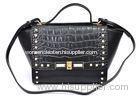 Ladies Black Calf / Crocodile Leather Handbags with Pyramid Studs