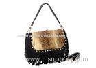 Ladies Black Rabbit Fur Handbags with Crystal Rivets and Suede Leather Fringes