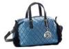 Blue Genuine Fur Trimmed Quilted Nylon Tote Bag with PU Leather Handles
