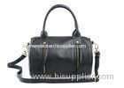 Girls Black Real Leather Tote Bag with Zipper , detachable long shoulder strap