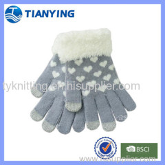 Tianying feather cuff heart jacquard winter knit touch glove