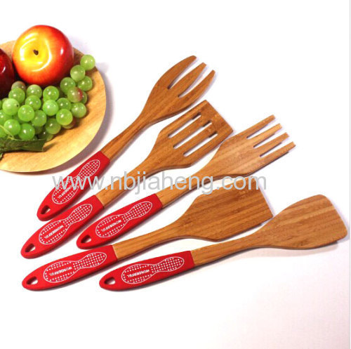 Bamboo Kitchen Utensils 5 Wooden Spoons and Spatula Set for Serving and Cooking Tools