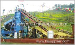 Chain bucket type alluvial gold dredging ship equipped with panning equipment