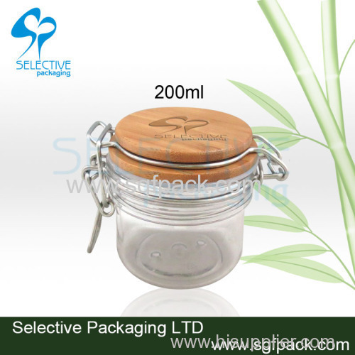 kiner jar PET container with bamboo lid wooden lid for food container 100ml 200ml 300ml 400ml plastic container conister