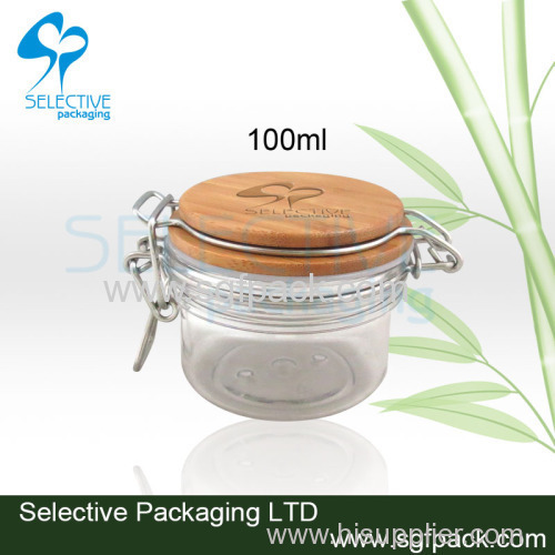 kiner jar PET container with bamboo lid wooden lid for food container 100ml 200ml 300ml 400ml plastic container conister