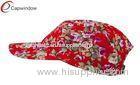 Red 5 Panel Flat Bill Cotton Baseball Caps with Flower Print Patterns / Buckle Strap Closure