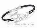 Sterling Silver Bangle Bracelet , Stylish Girls Black Leather Love Bracelet