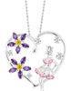 Girl Silver Necklace Pendant , Heart shape Purple Zircon Flower Pendant