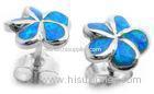 Fashionable Woman Silver Hawaiian Jewelry , Blue Opal Plumeria Earring Stud